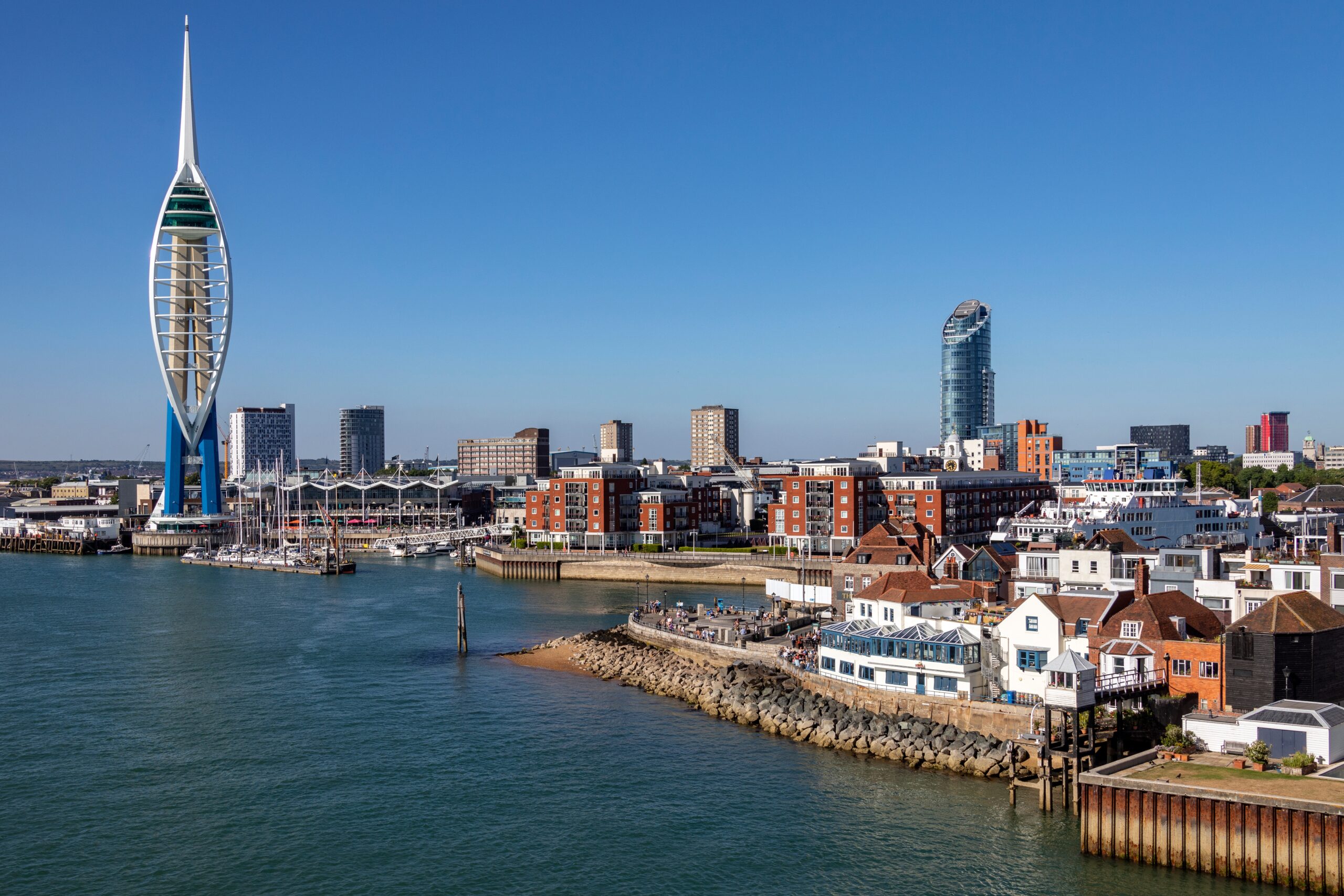 Spinnaker Tower and the port of Portsmouth on the south coast of England.